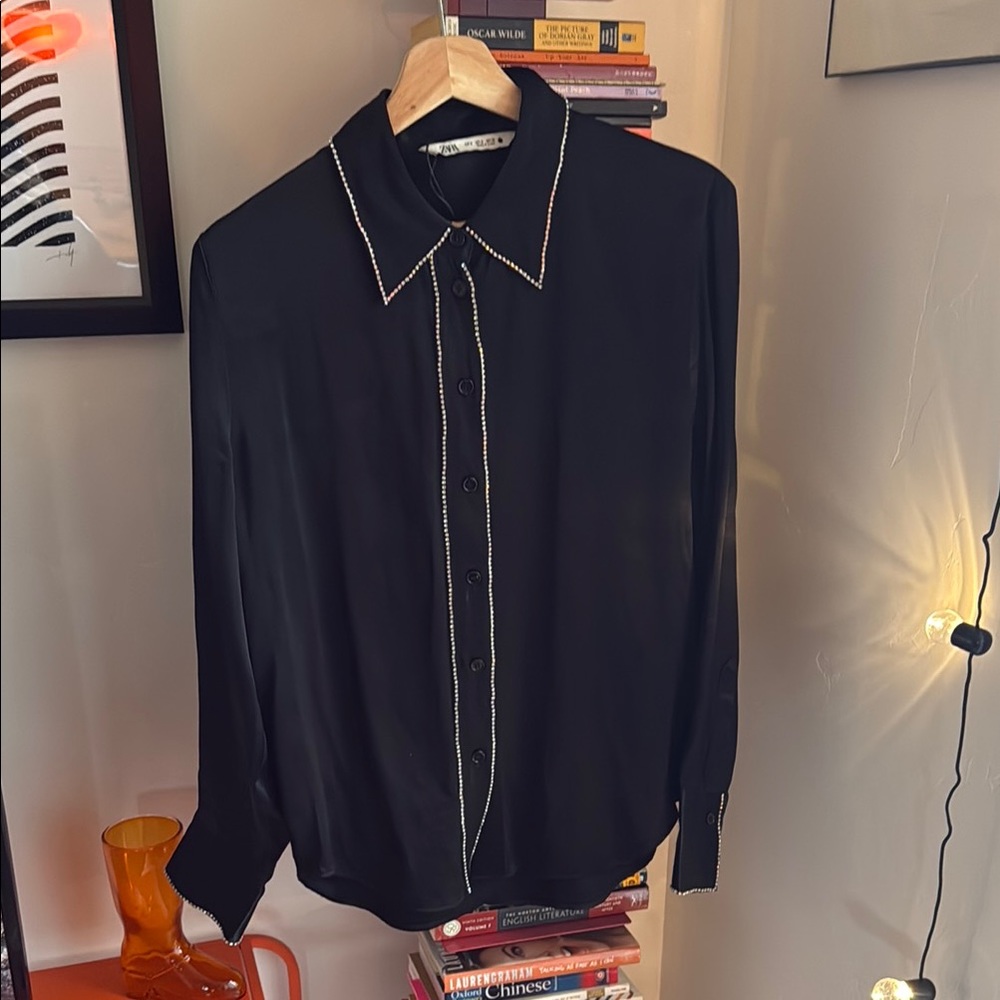 ZARA black silk bedazzled button up
